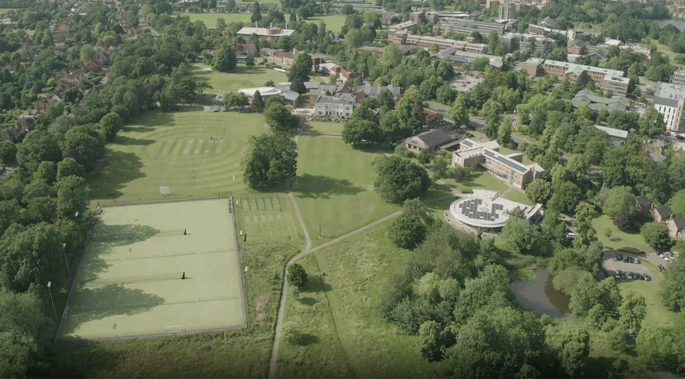 Still drone view of Leighton Park grounds