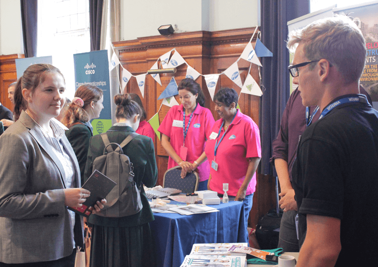 Pupil talking to exhibitor at Big Bang STEAM Careers Fair 2019