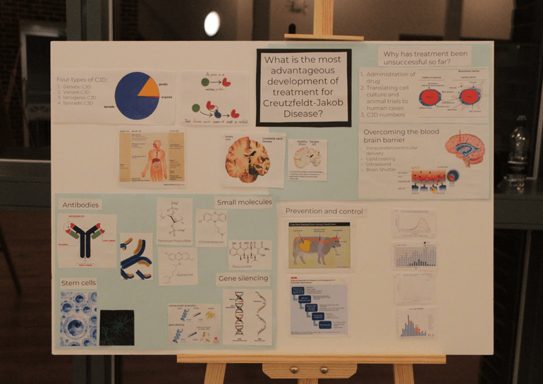 Board on stand showing pictures and diagrams relating to Creutzfeldt-Jakob Disease