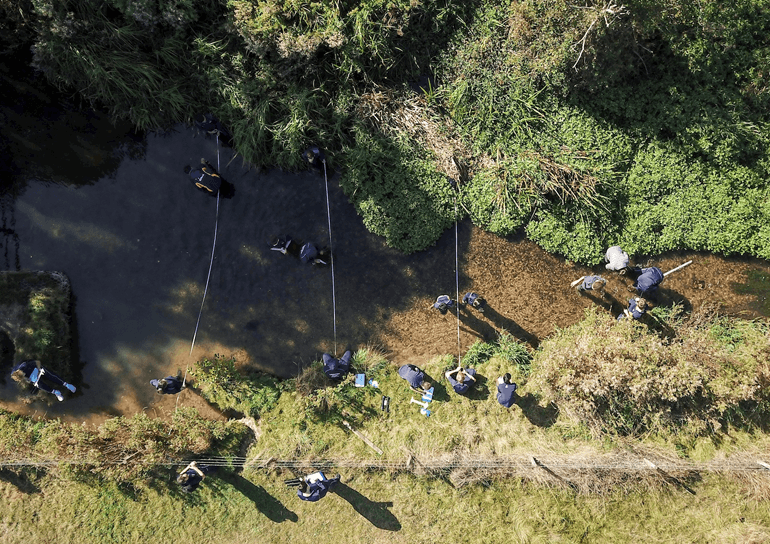 Birds eye view of pupils doing fieldwork at Rive Pang