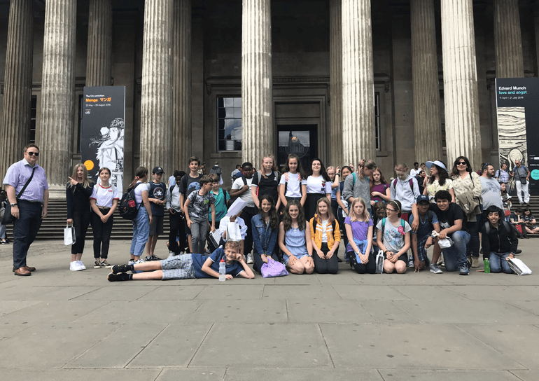 Group of year 7 and 8 Leighton Park pupils outside of British Museum