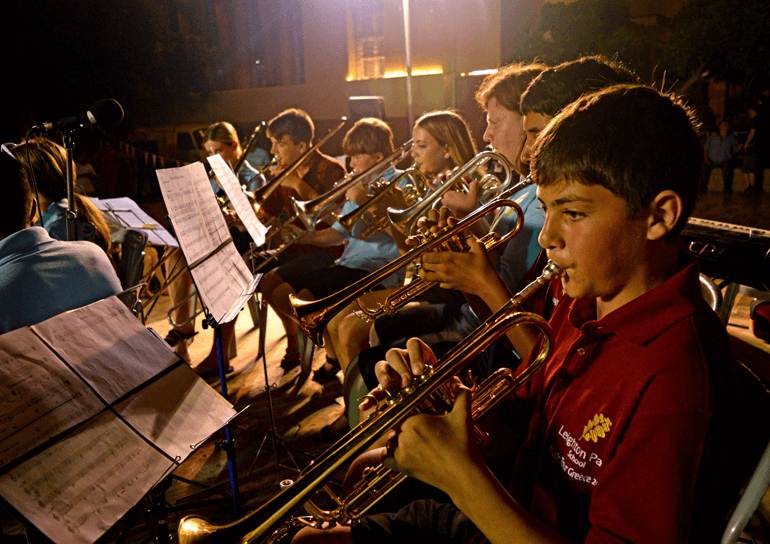 Leighon Park pupils playing instruments as part of a music tour to Greece