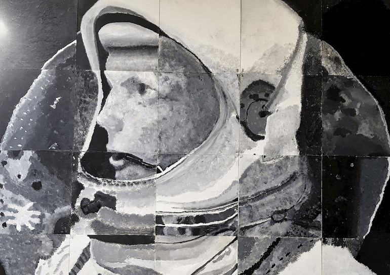 Spaceman in a space suit black and white painting