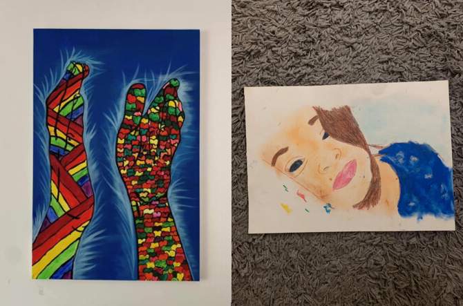 Paintings of hands and lady by year 7 LP Student Marianne
