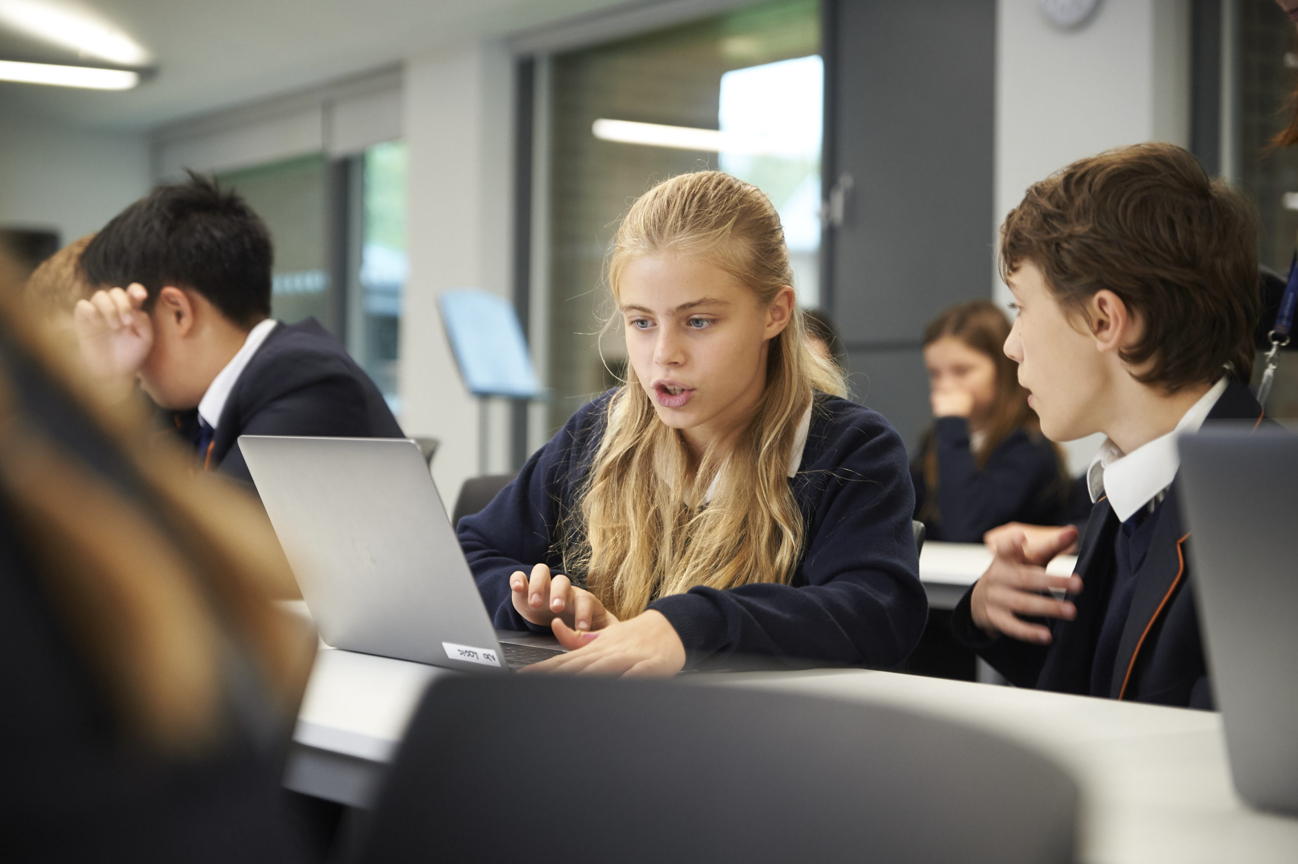 Girl with long blonde hair explaining what she is doing on her laptop to boy with short dark hair
