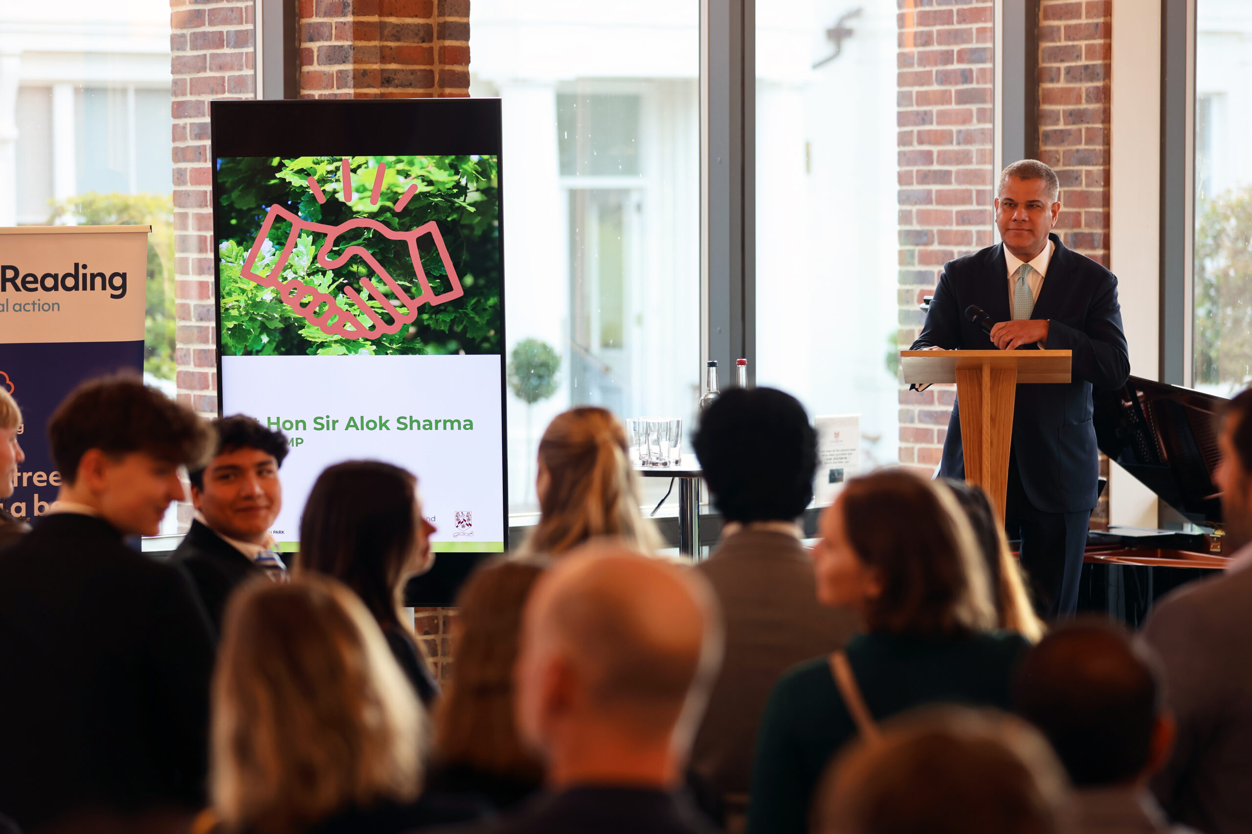 Sir Alok Sharma, MP< speaking about the climate crisis to students and business leaders at Leighton Park School